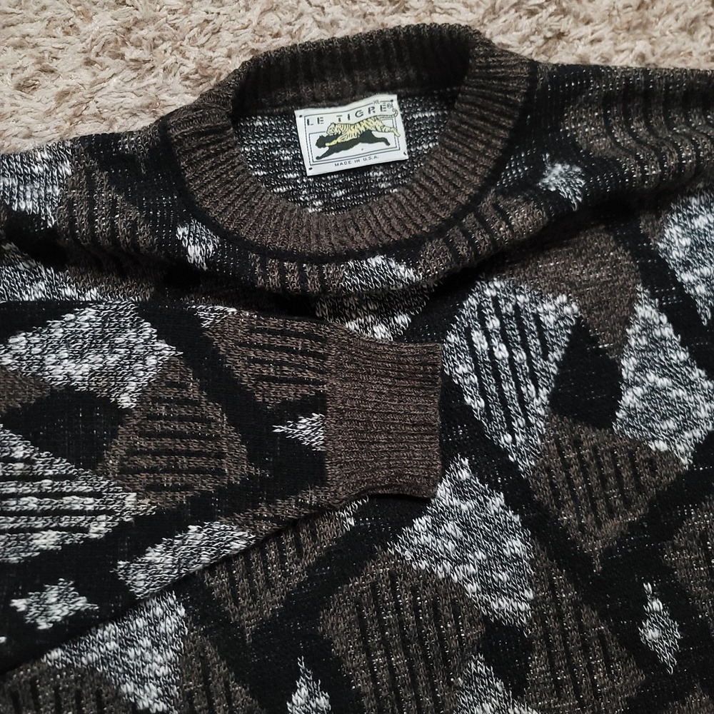 Le Tigre Made In USA 80s/90s Mens XL Vintage Argyle L/S Brown Black Sweater